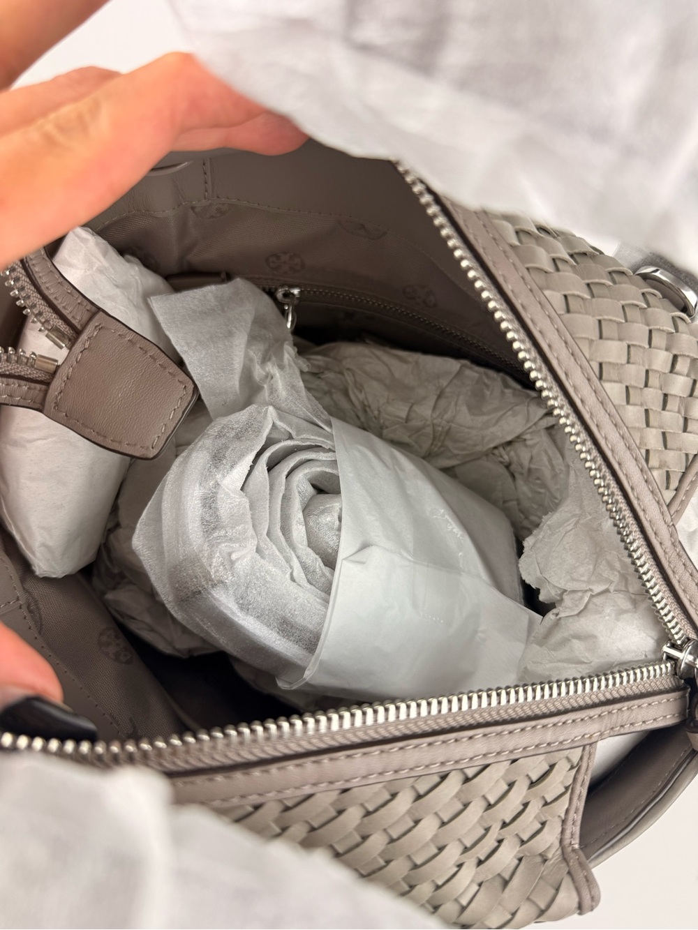 Tory Burch Thea Woven Mini Slouchy Satchel French Gray Leather Handbag $595 - Picture 12 of 14